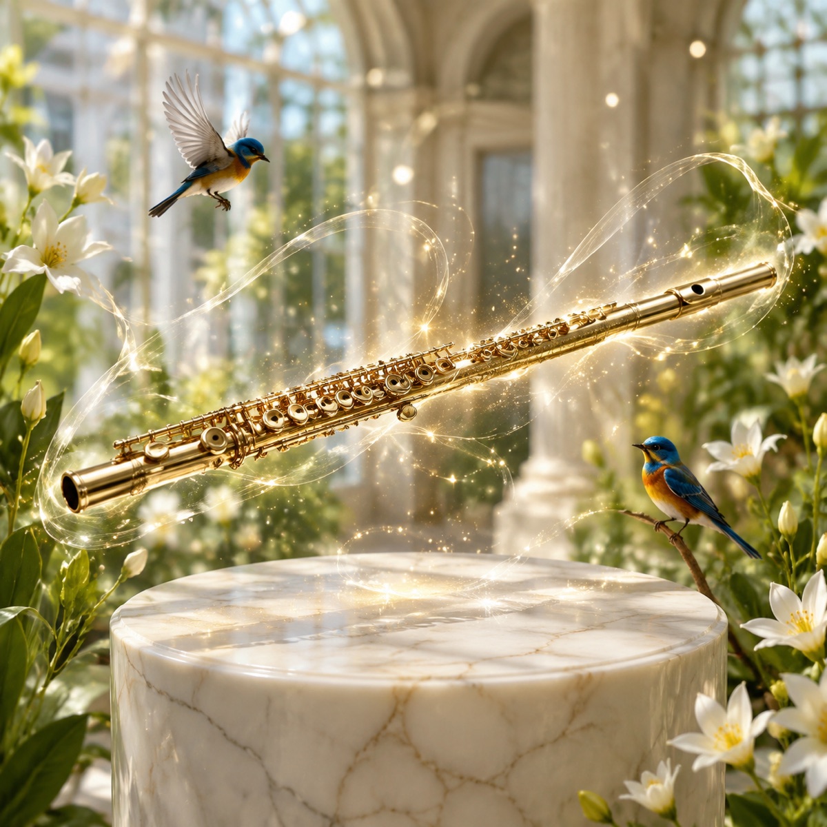 KI-generiertes Rätselbild: Eine goldene Querflöte schwebt zwischen Vögeln und Blumen, umgeben von leuchtenden Funken.