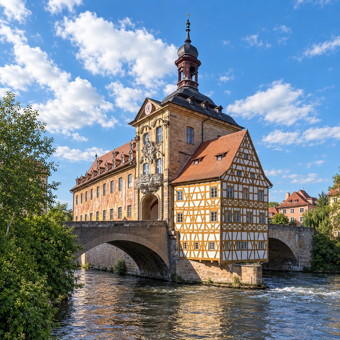 KI-generiertes Rätselbild: Ein historisches Rathaus mit Fachwerkanbau steht auf einer Brücke mitten im Fluss.