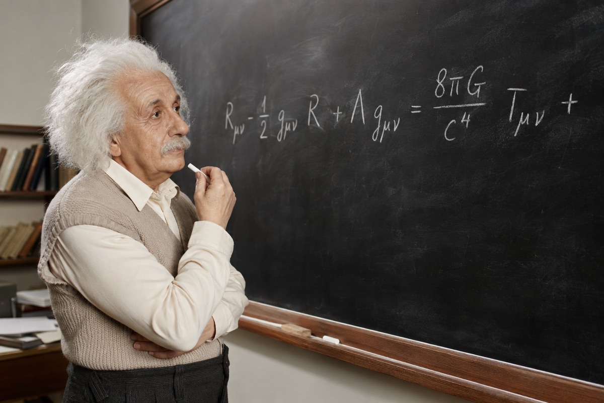 KI-generiertes Rätselbild: Ein älterer Wissenschaftler mit wildem weißem Haar und Schnurrbart steht vor einer Tafel mit Formeln.
